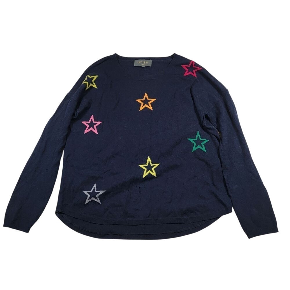 WYSE London Women's Wool Sweater Sz 1 Navy Stars Knit READ DESCRIPTION